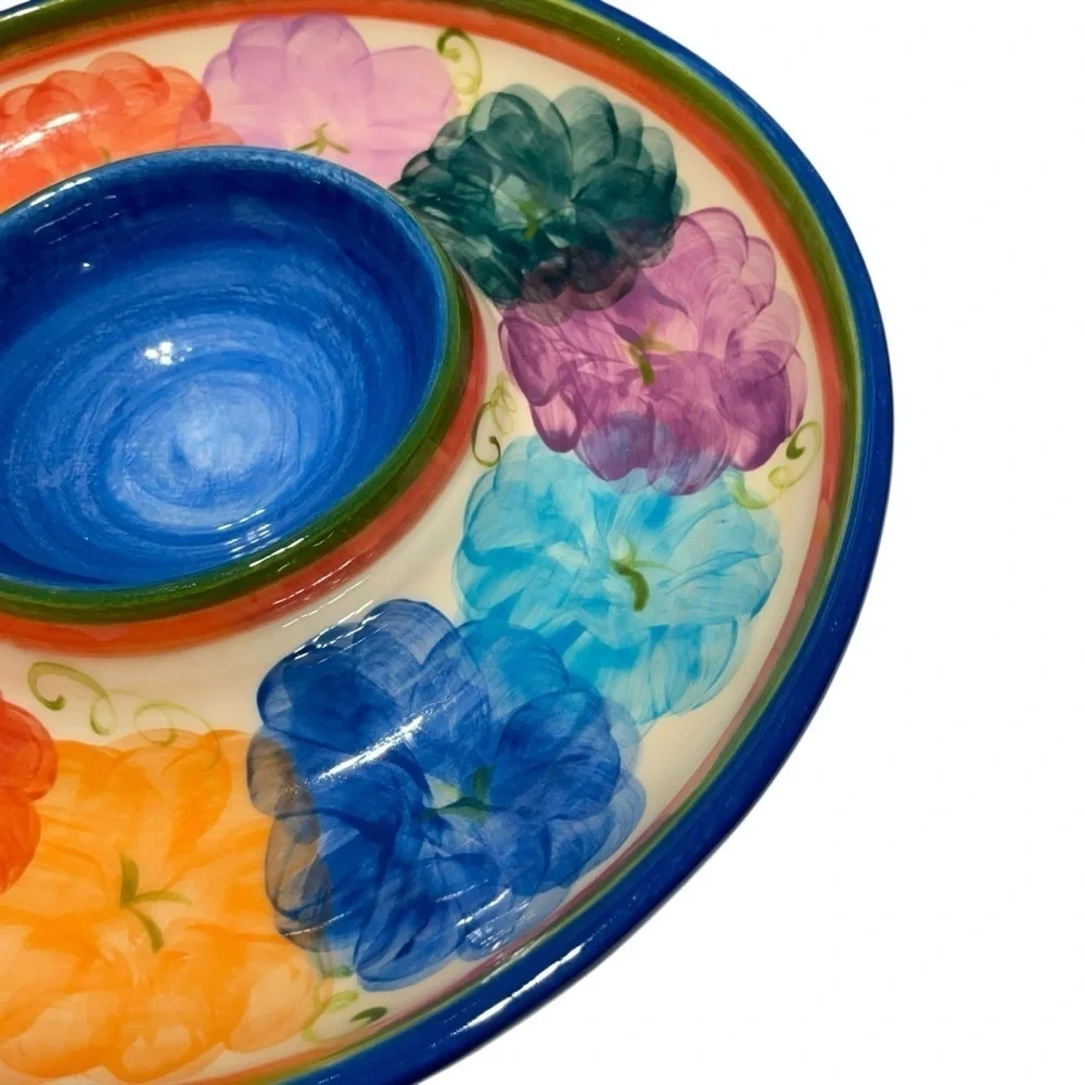 Vintage L. PIERCE Hand painted  Floral Pottery dip platter Signed, colorful 12”